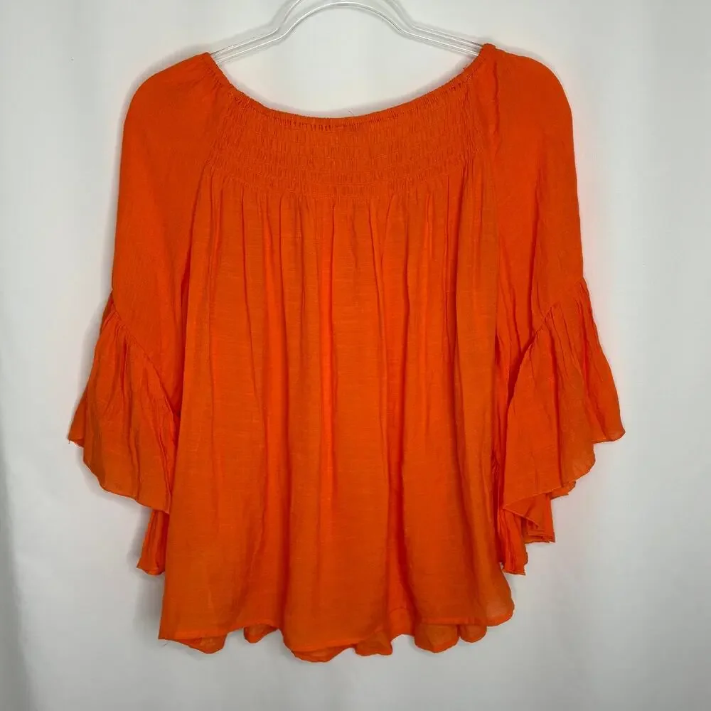 Chico's Bright Orange Bell Sleeve Peasant Blouse Rayon Blend Chicos 1/ US Medium